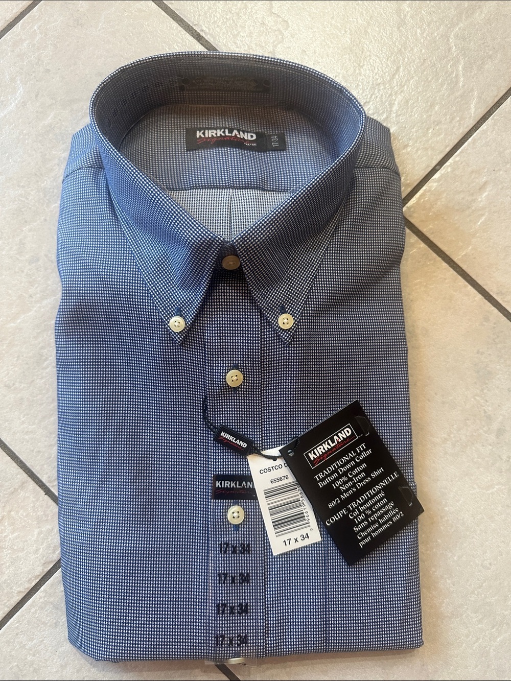 KIRKLAND  Men’s Minimalist Retro 90’s Navy Micro-Check Dress Shirt Sz 17x34